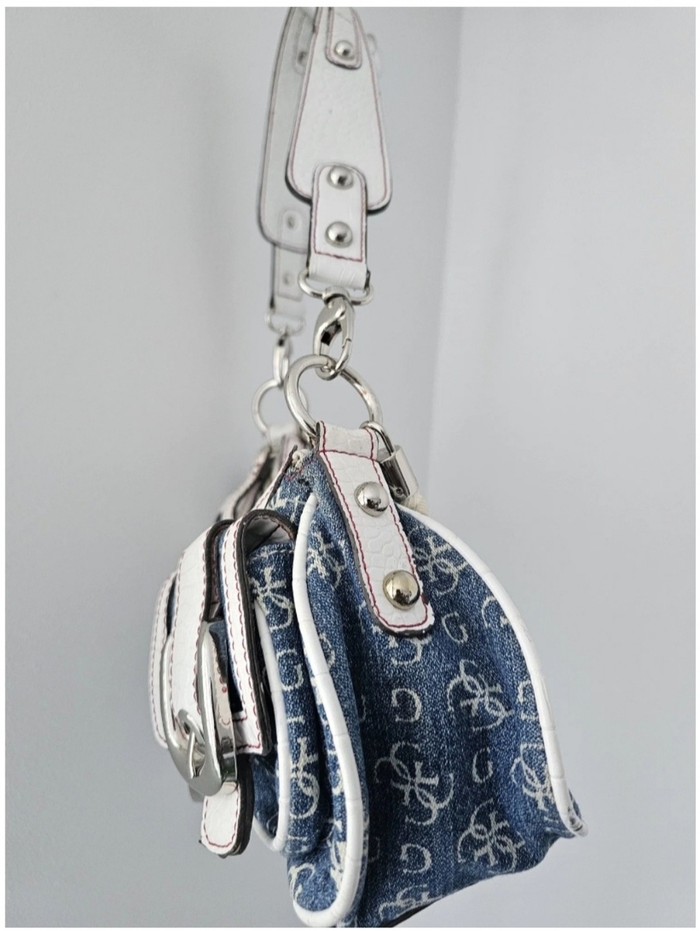 Guess Navy and White Monogram Shoulder Bag with Braided Top Handle - Picture 5 of 7